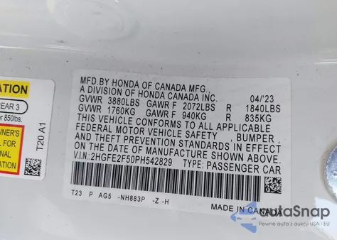 2023 Honda Civic Sport из США, поврежденный, VIN 2HGFE2F50PH542829